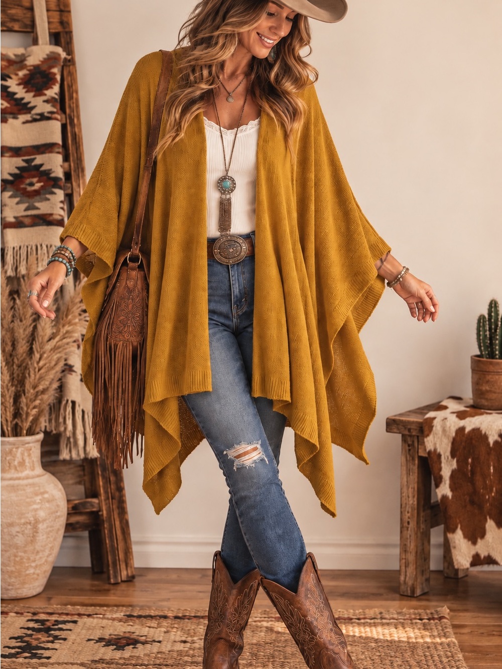 Open-Front Mustard Knit Poncho Wrap - Women's Layering Fall Cardigan One Size